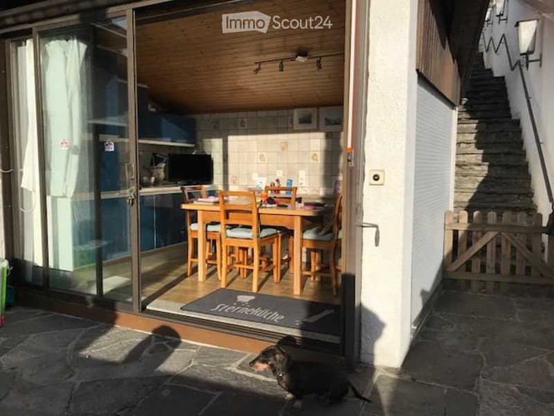 Building exterior, glass doors, wooden dining table and chairs, dog sitting outside, tiled kitchen wall