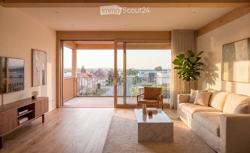 Modern living room with light wood flooring, large windows, a balcony view, a beige sofa, a coffee table, an armchair, a TV stand, and a decorative plant.