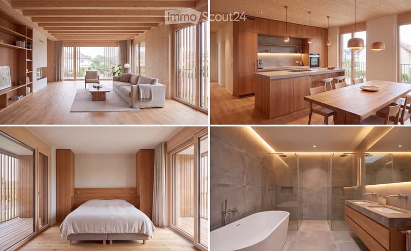 Four images showcasing a modern, minimalist house with wooden interiors, featuring a living room, kitchen, bedroom, and bathroom. The living room has a sofa, coffee table, and large windows. The kitchen includes a wooden island, bar stools, and pendant li