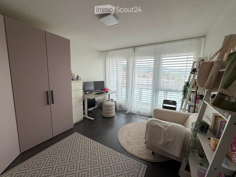 A well-lit room with a sofa, chair, stool, desk with laptop and screen, bookshelf, and plants. The room features large windows with blinds and a patterned rug on the floor.