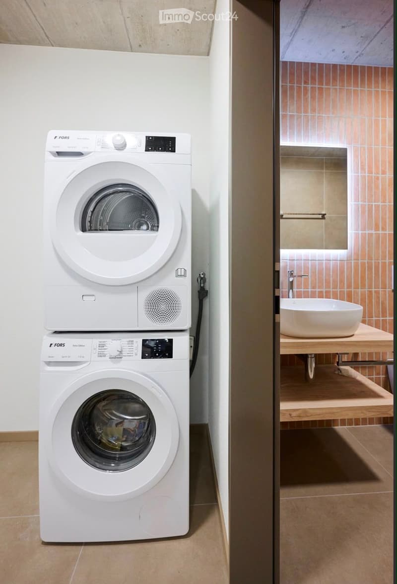 Modern bathroom with a sleek sink, faucet, and a stacked washing machine and dryer unit.