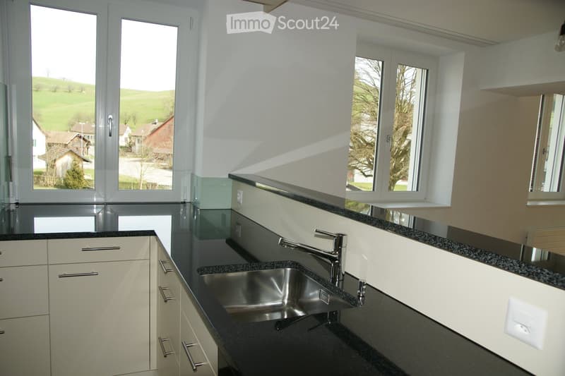 Modern kitchen with white cabinets, black granite countertops, and a stainless steel sink. Large windows offer a scenic view of the countryside.