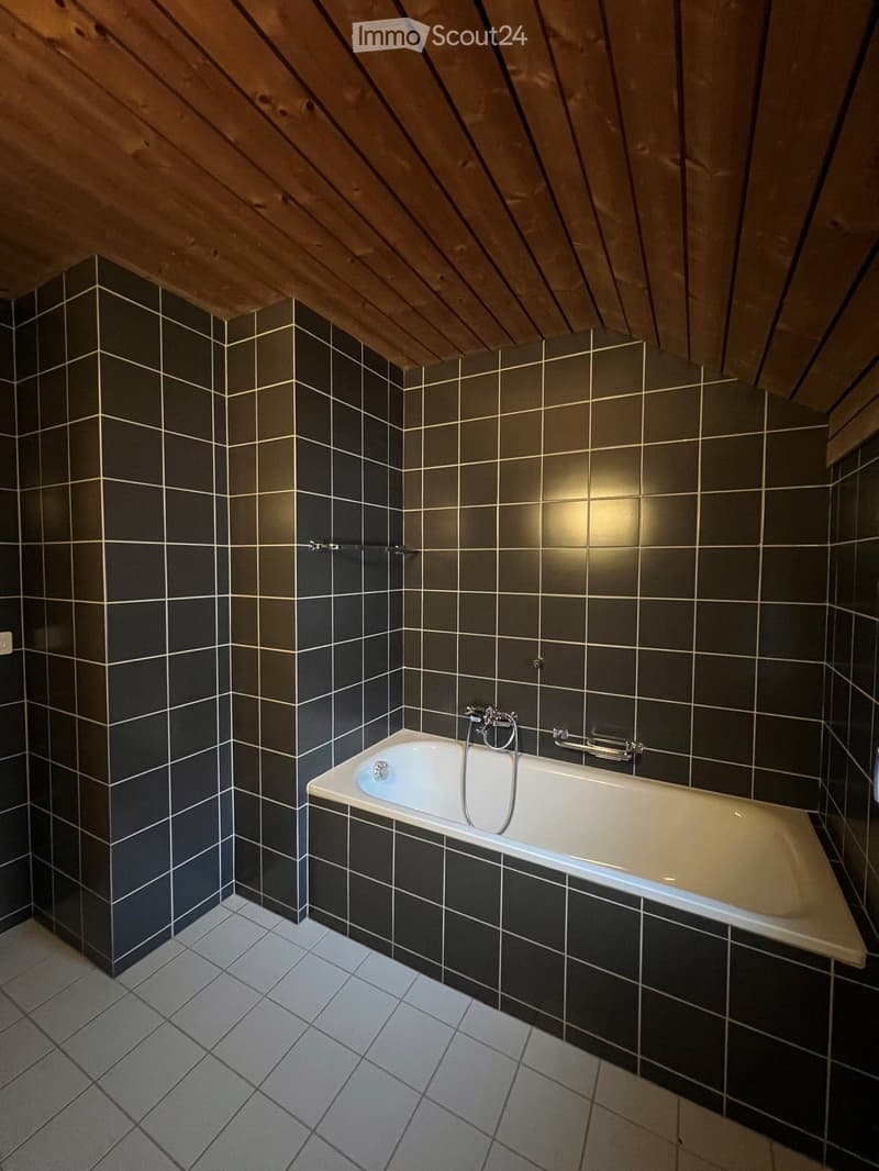 Modern bathroom with dark tiled walls and a white bathtub, featuring a sleek faucet and a wooden slanted ceiling.