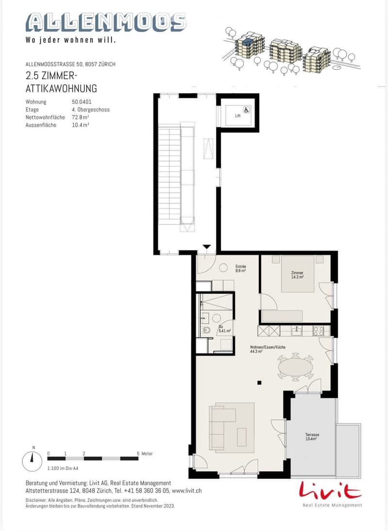 Floor plan of a 2.5-room attic apartment with living/dining/kitchen area, bedroom, entrance, and terrace.