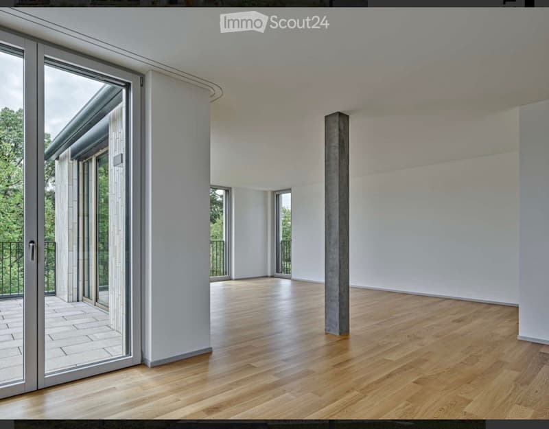 Empty room with wooden flooring, white walls, large sliding glass doors leading to a balcony, and a concrete pillar in the center.
