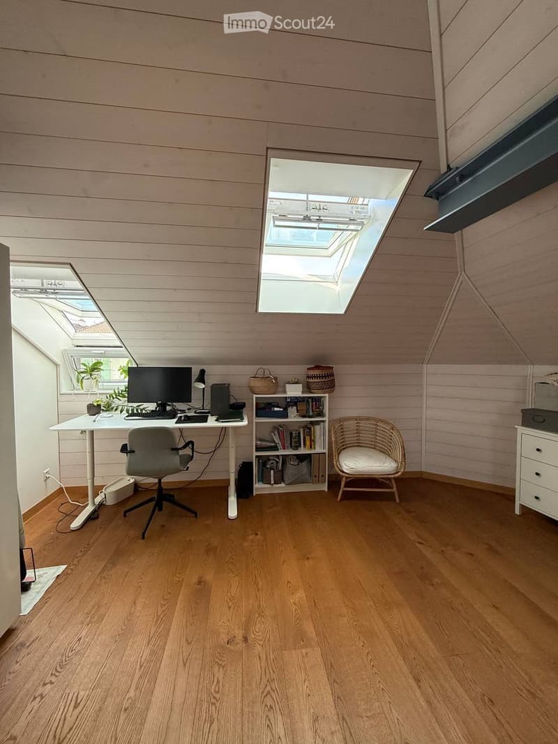 Bright, wooden-floored room with slanted ceilings and skylights, featuring a modern desk setup with a computer, a wicker chair, a bookshelf, and a small plant.