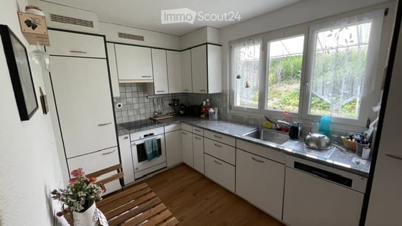 Modern kitchen with white cabinets, stainless steel appliances, and a wooden floor. Features include a refrigerator, oven, sink, dishwasher, and countertop with a teapot and flower pot.