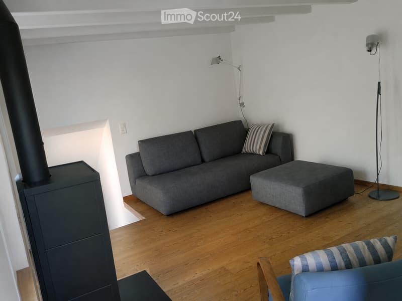 Modern living room with a grey sectional sofa, ottoman, blue armchair, floor lamp, wall lamp, and a black wood-burning stove.