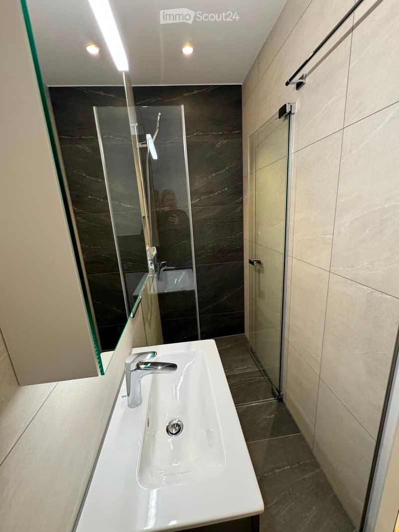 Modern bathroom with a white sink, sleek faucet, and glass shower enclosure. Dark marble tiles on walls and floor.