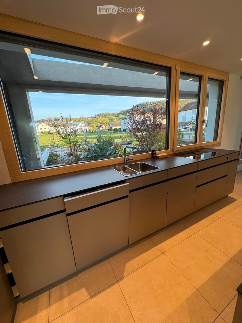 Modern kitchen with large windows offering a scenic view, featuring a sink, faucet, dishwasher, and a bottle on the counter.