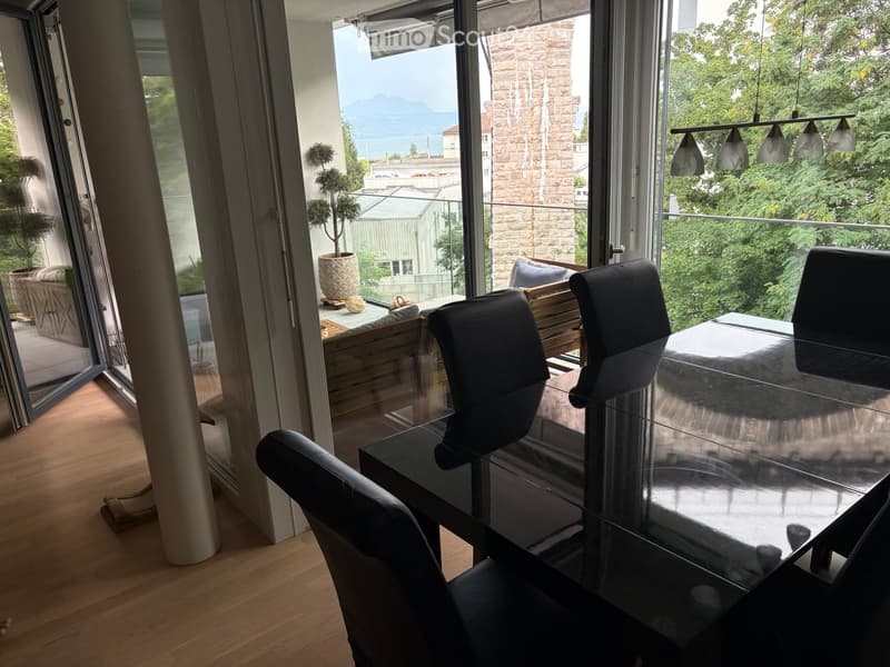 Modern dining area with a sleek black glass dining table, four black chairs, and a potted plant on the balcony.