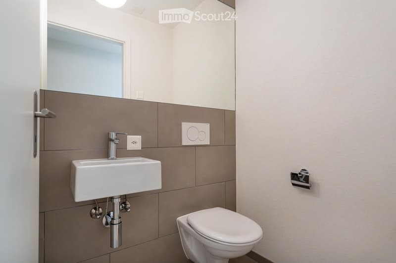 Modern bathroom with a white sink, chrome faucet, toilet, and a large mirror above the sink. The walls are tiled in a combination of light grey and brown tiles.
