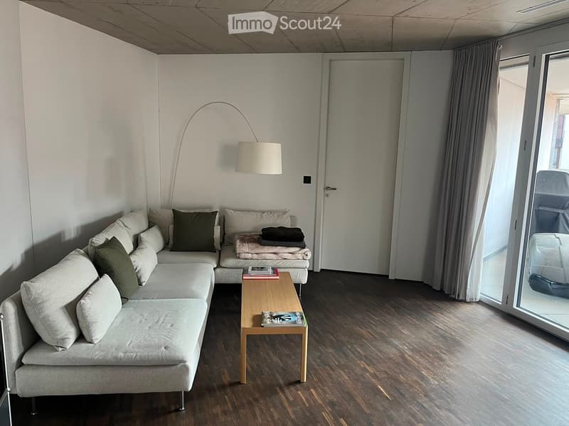 Modern living room with a grey sectional sofa, wooden coffee table, floor lamp, and large windows leading to a balcony.