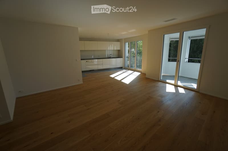 Empty room with wooden flooring, white walls, and large sliding glass doors leading to a balcony. The room is well-lit with natural light and features a small kitchen area with white cabinets and a countertop.
