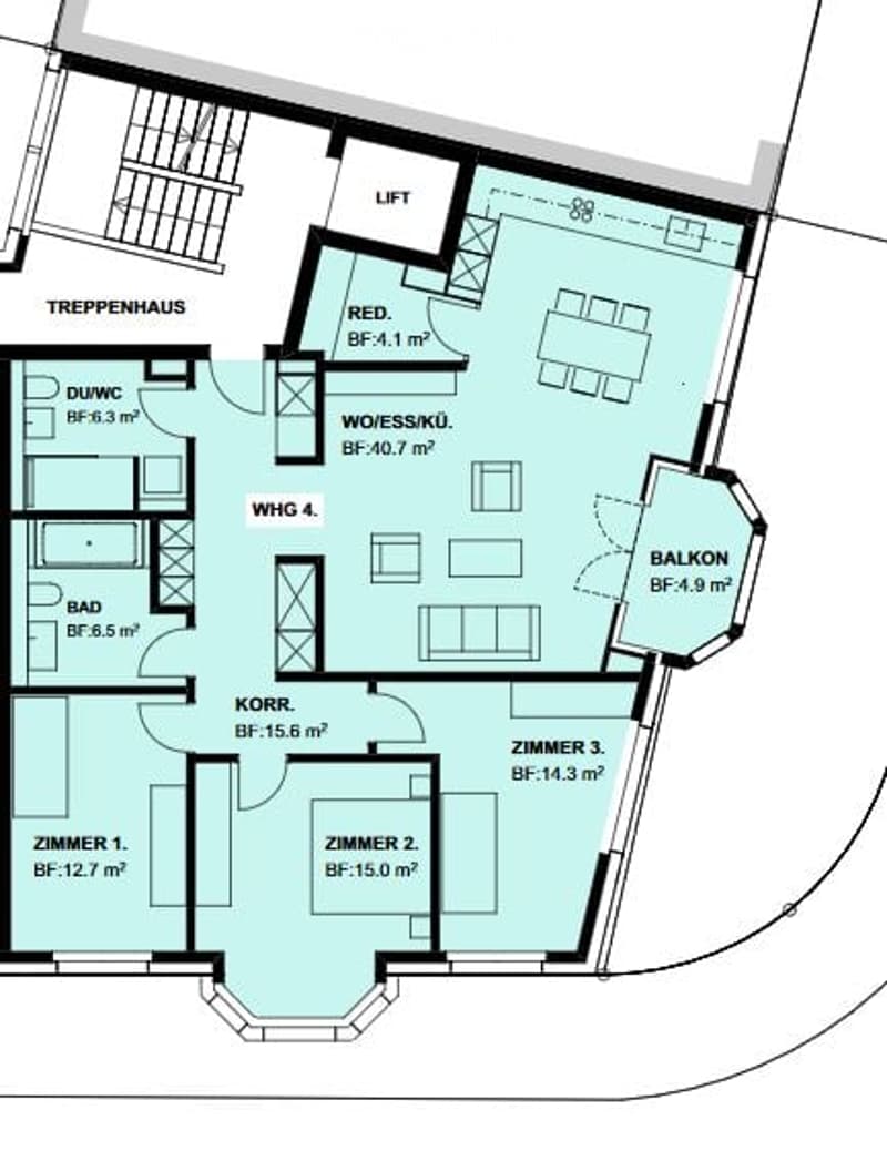 Floor plan of a multi-room apartment including a living room, kitchen, four bedrooms, bathroom, hallway, and balcony.