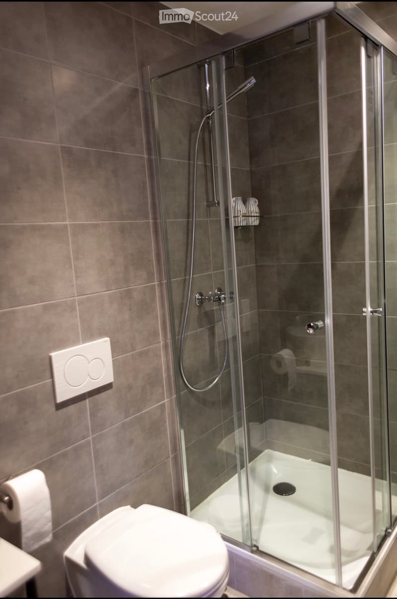Modern bathroom with a glass-enclosed shower, toilet, and tiled walls.