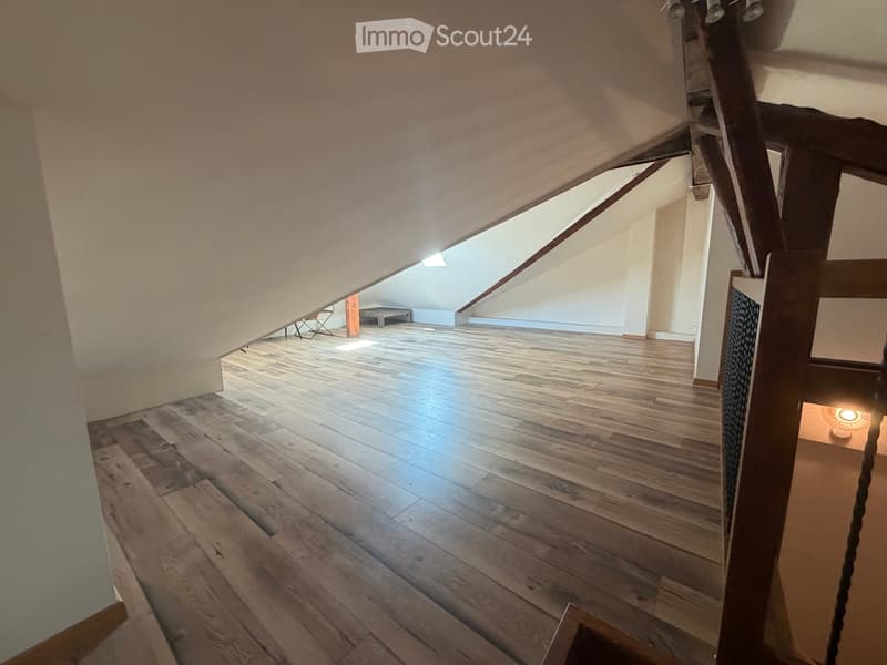Empty attic space with wooden flooring, slanted ceilings, and natural light coming through a skylight. No furniture or equipment present.