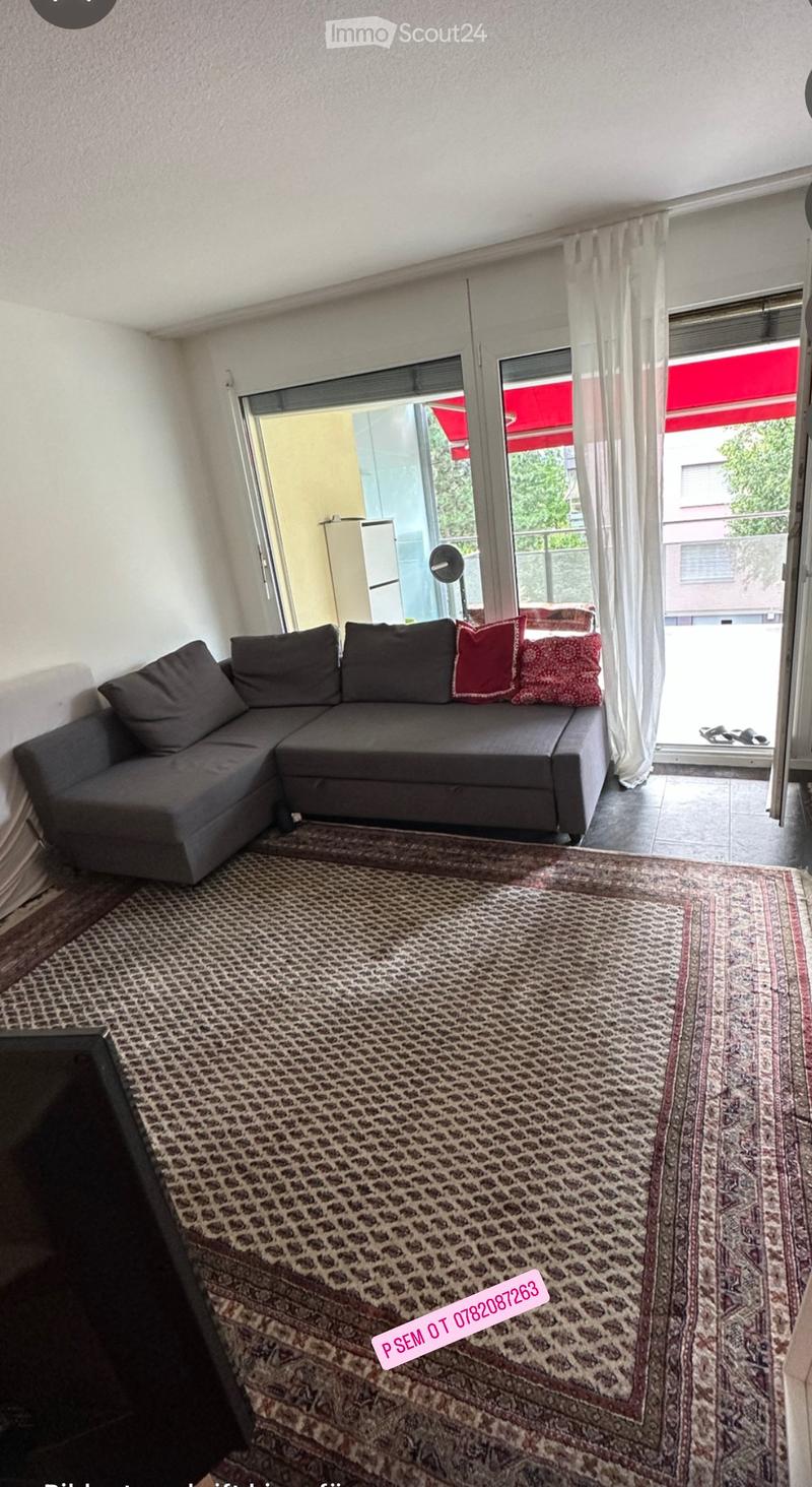 Living room with a grey sectional sofa, red and black throw pillows, and a patterned rug on the floor. Large windows with white curtains lead to a balcony.