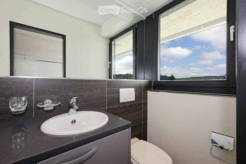 Modern bathroom with a white sink, chrome faucet, dark wooden vanity, large mirror, and a toilet. A large window offers a view of the sky and landscape.