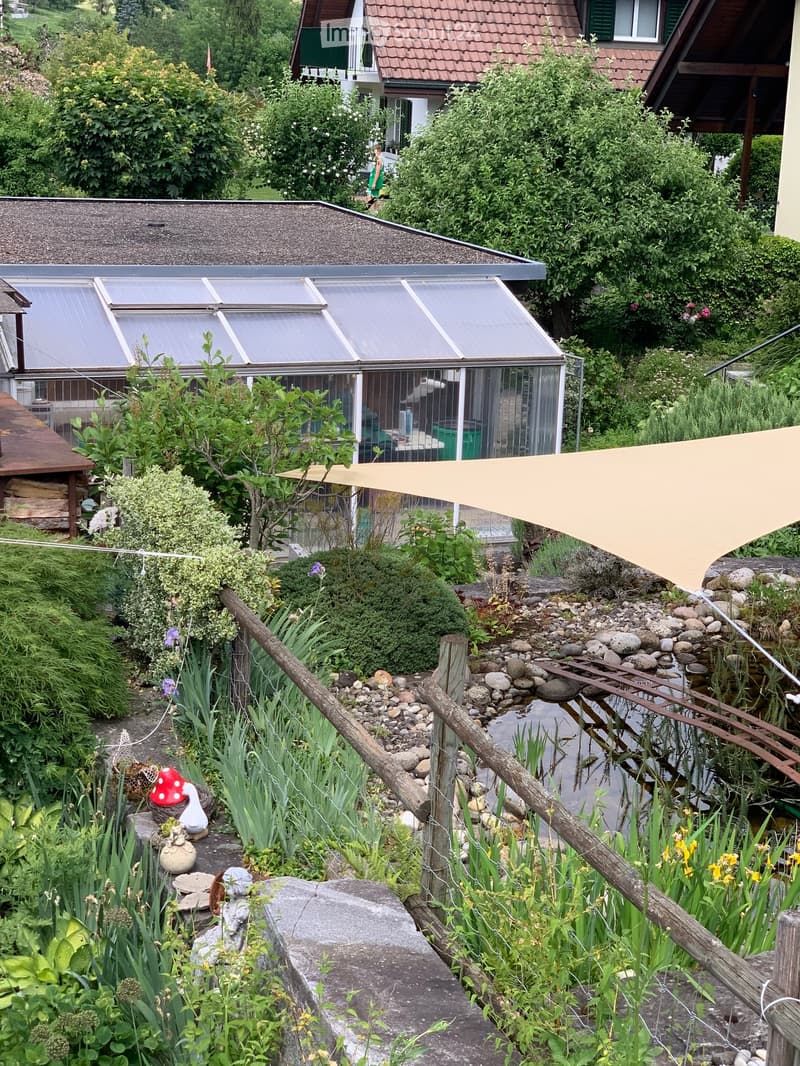 Garden with a pond, small waterfall, greenhouse, and various plants and decorative items.