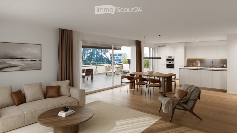 Modern open-plan living and dining area with a sofa, coffee table, armchair, dining table, and chairs. The kitchen features white cabinets, an oven, and a sink. Large windows and sliding doors open to a balcony with outdoor seating.