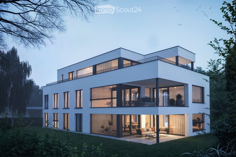 Modern two-story house with white exterior, large windows, and balconies. The ground floor features an open living area with a sofa and coffee table, while the upper level includes a balcony with outdoor seating.