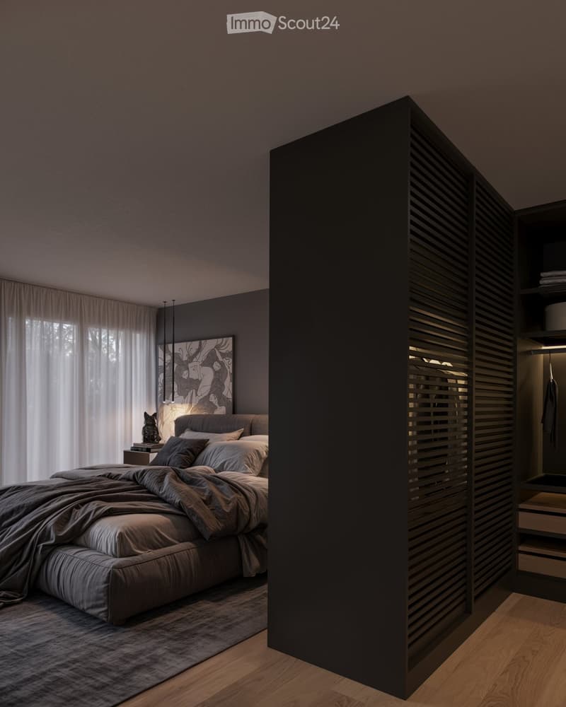 Modern bedroom with a large bed, nightstand, lamp, artwork, and a dark wooden wardrobe with shelves.