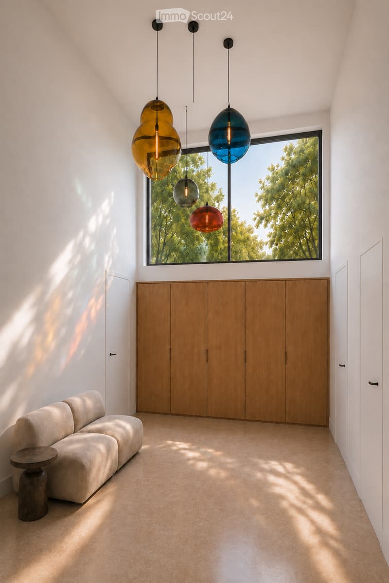 Modern living room with a beige sofa, wooden stool, and large wooden cabinet, illuminated by colorful pendant lights and natural light from a large window overlooking greenery.