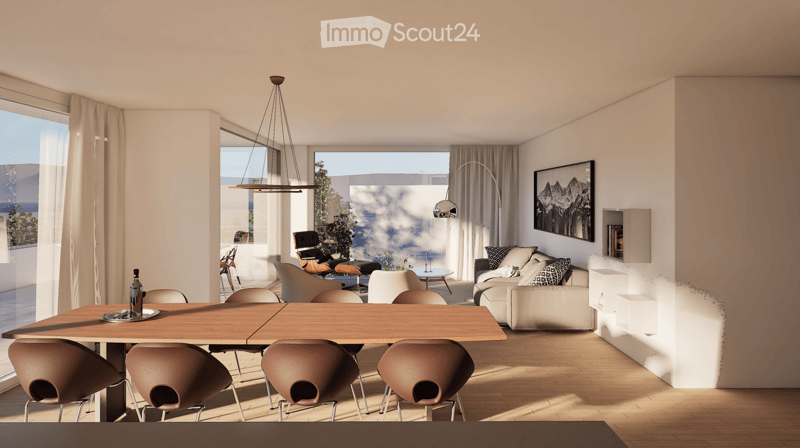 Modern living and dining area with large windows offering a view, featuring a sofa, coffee table, dining table with chairs, pendant light, floor lamp, and artwork on the wall.