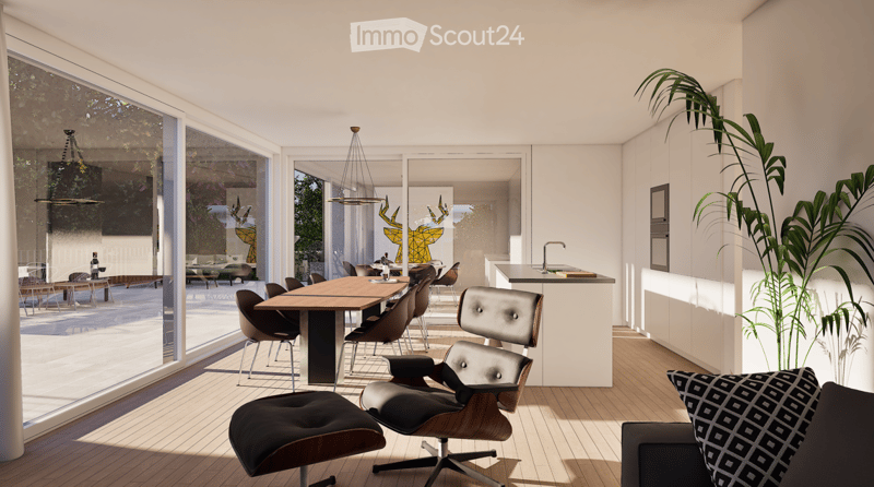 Modern, open-plan living and dining area with large windows, a sleek dining table with chairs, a comfortable sofa, a stylish chair, and a small kitchen counter with a faucet.