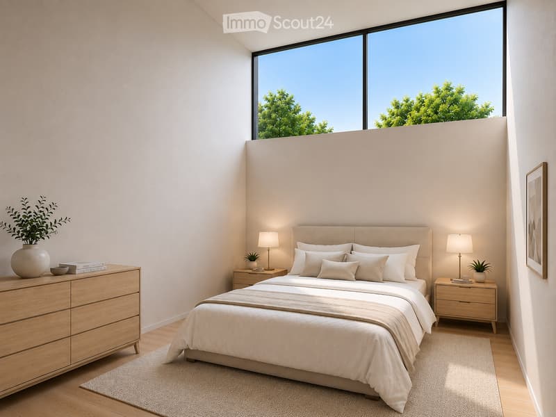 Modern bedroom with a large bed, nightstands, lamps, a dresser, and decorative plants.