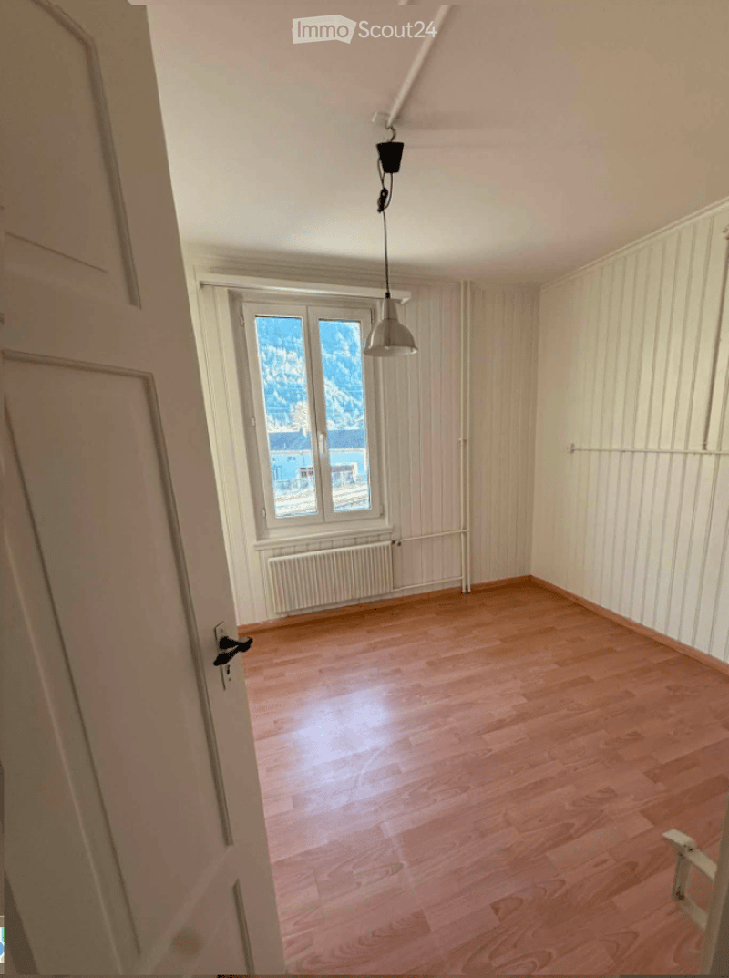 Empty room with wooden flooring, white walls, and a large window offering a view of mountains. The room features a radiator below the window and a hanging light fixture.