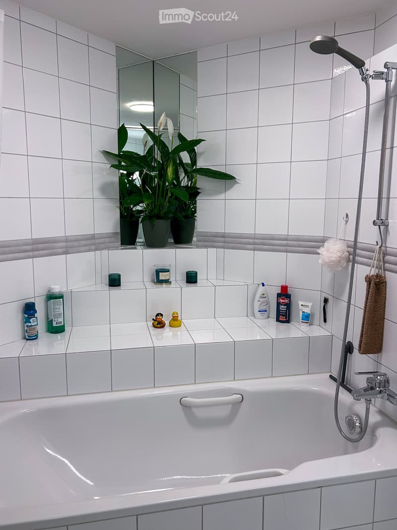 Bathroom with white tiled walls and a bathtub, featuring a large mirror, potted plants on the windowsill, and various toiletries and decorative items on the edge of the tub.
