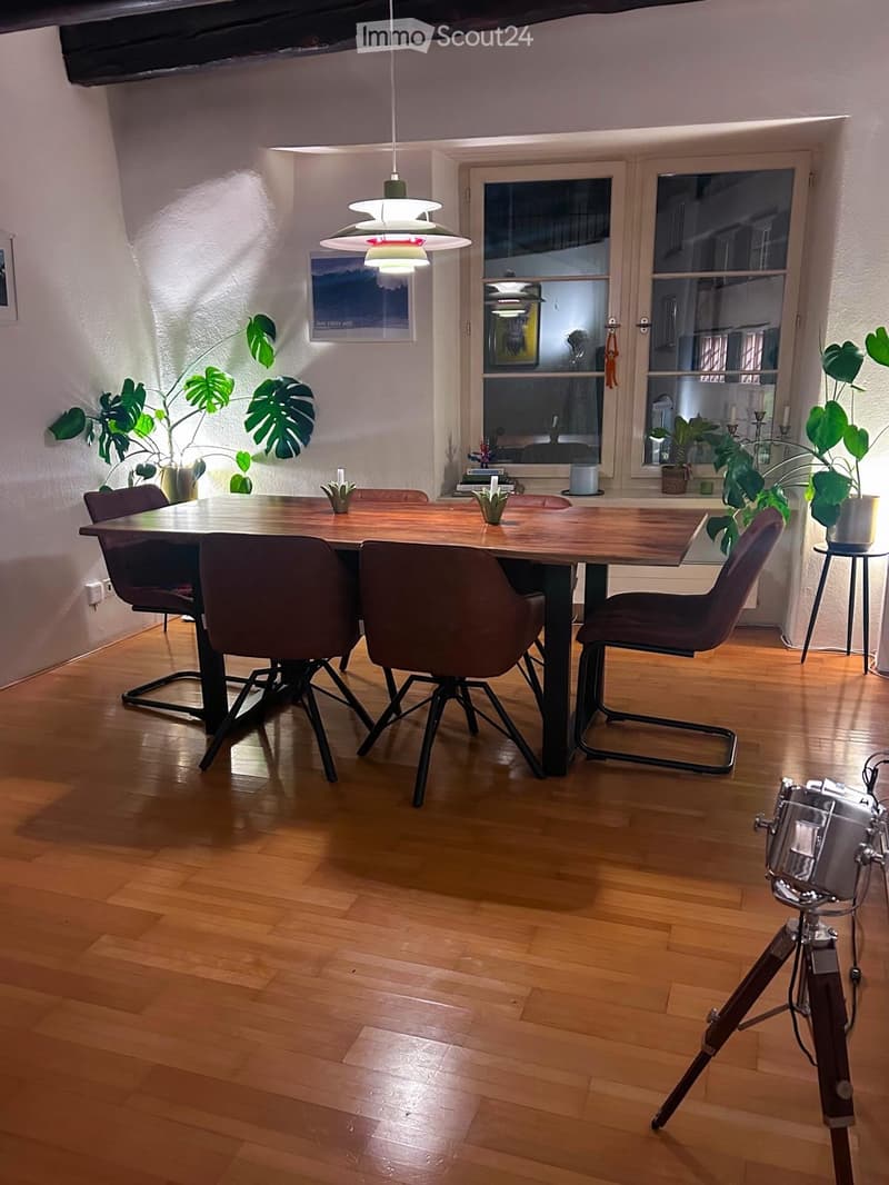 Dining area with a wooden table, four chairs, pendant light, and plants. A drum set and tripod are visible in the foreground.