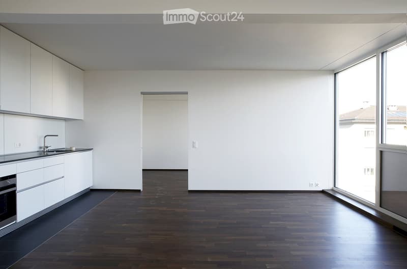 Empty kitchen with white cabinets, dark wooden floor, and large windows. No furniture or appliances are present.
