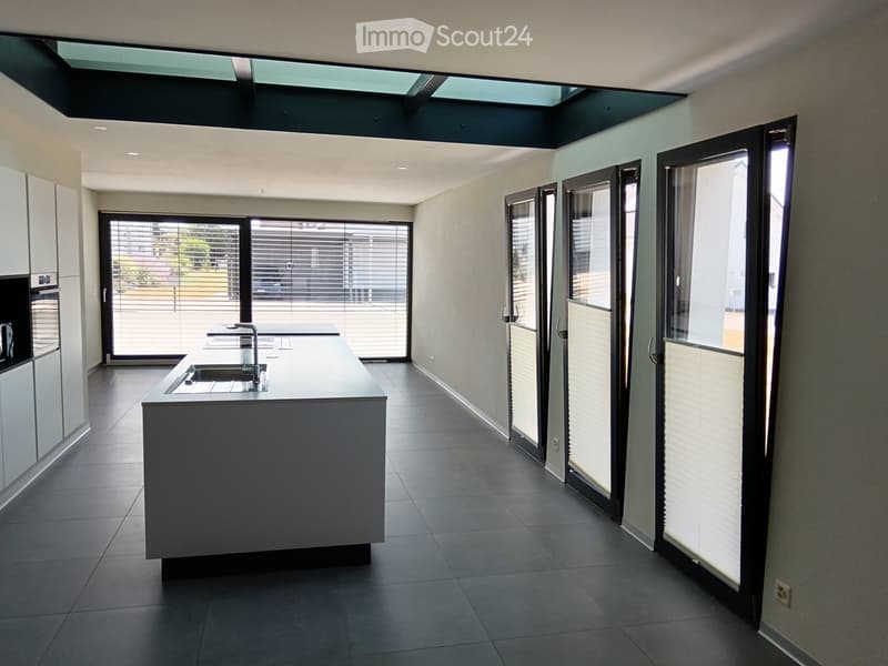 Modern kitchen with a central island, sink, and built-in oven. Large windows and sliding doors provide natural light and access to the outdoor area.