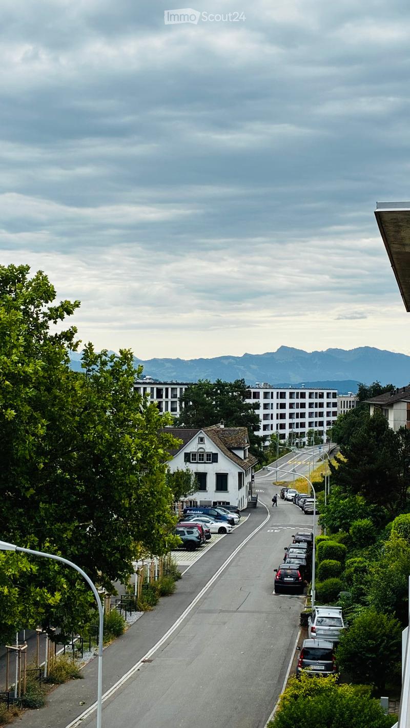 A quiet residential street lined with parked cars, trees, and houses, with a view of mountains in the background.