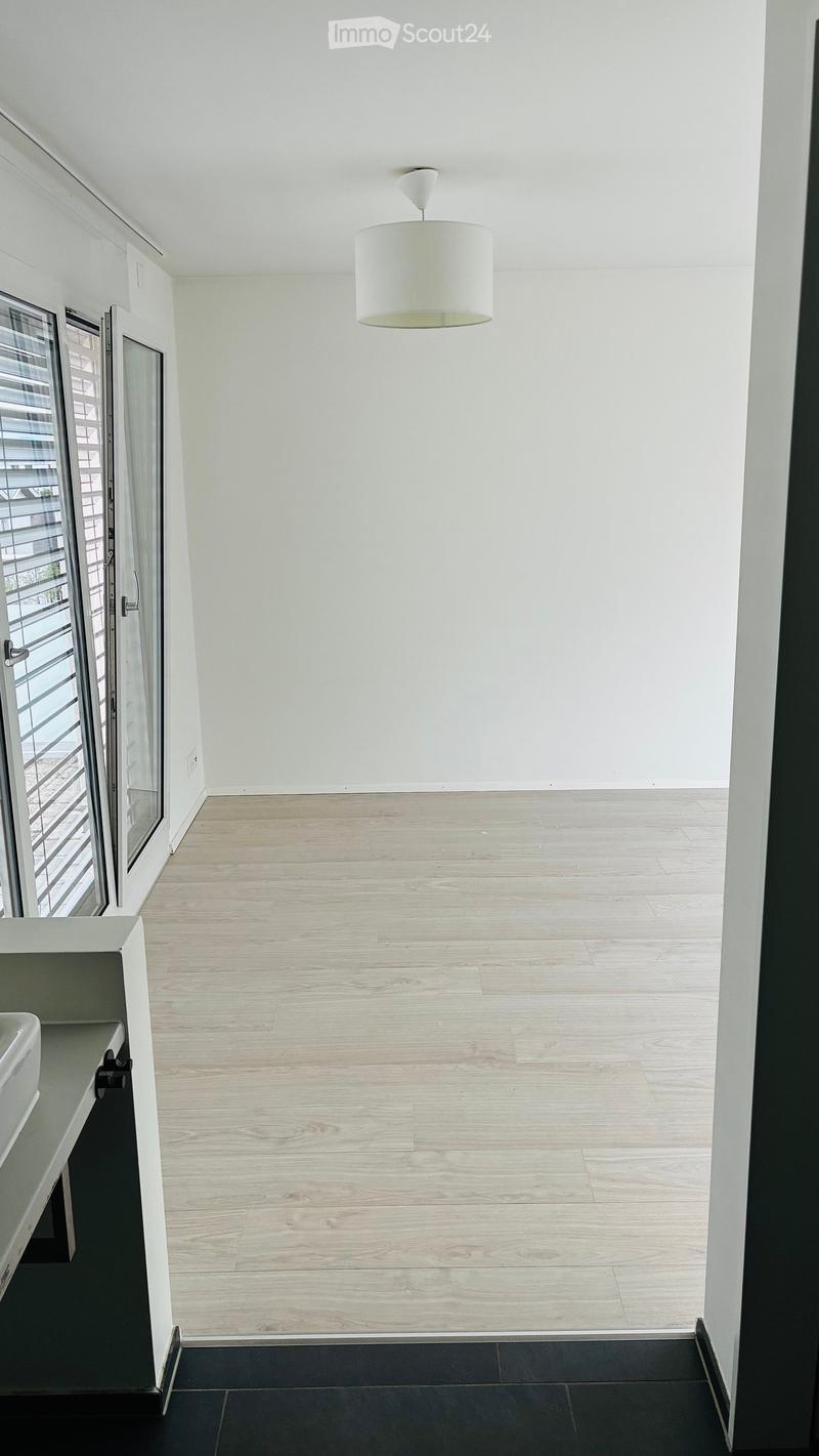Empty room with light wooden flooring, white walls, and a white pendant light fixture. A glass door with blinds leads to an outdoor area.