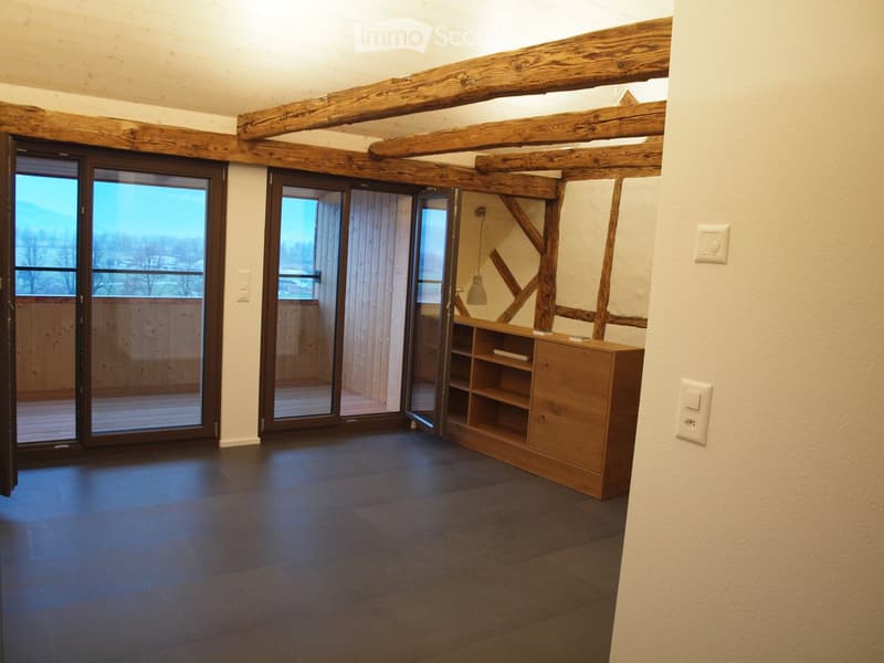 An unfurnished room with exposed wooden beams, dark tiled flooring, and a built-in wooden shelving unit. Large sliding glass doors open to a balcony with a scenic view.