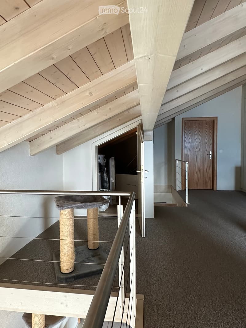 Spacious hallway with exposed wooden beams on the ceiling, carpeted floors, and a modern glass railing leading to an open area with a cat scratching post visible below.