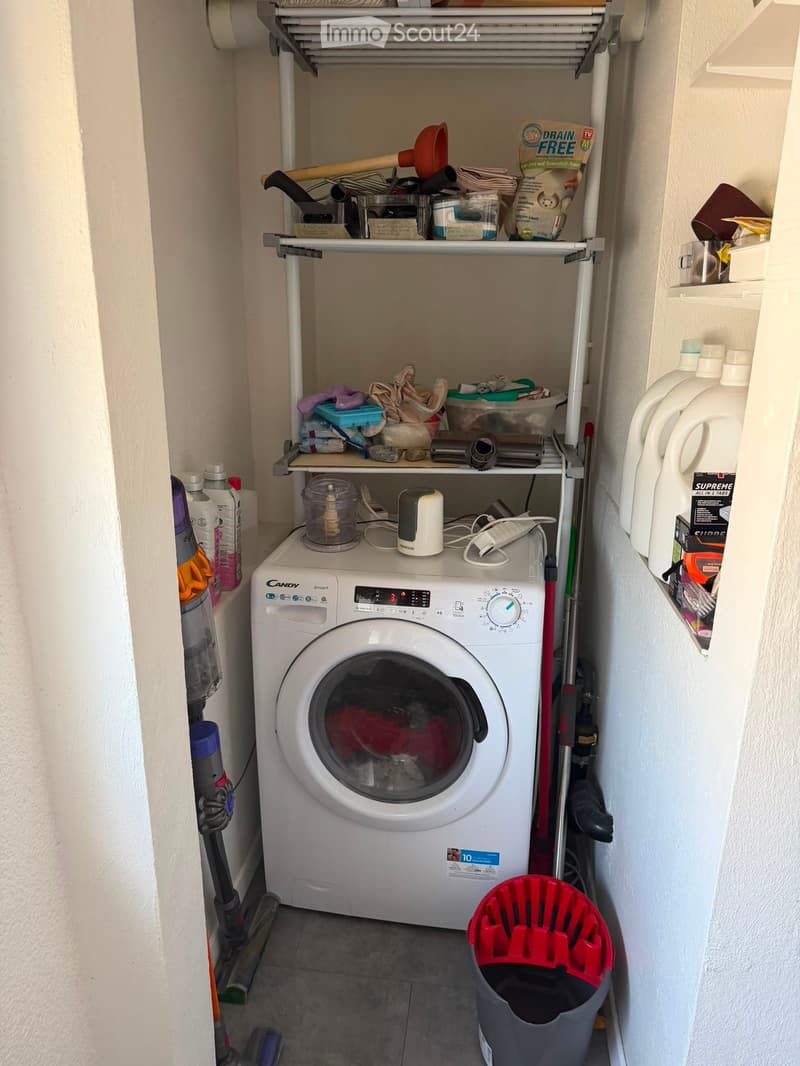 A small utility room with a washing machine, shelves holding cleaning supplies, and a vacuum cleaner.
