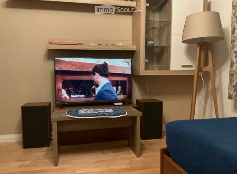 A modern living room with a flat-screen TV on a wooden stand, a small wooden coffee table with a decorative rug, a floor lamp, and two black speakers on either side of the TV.