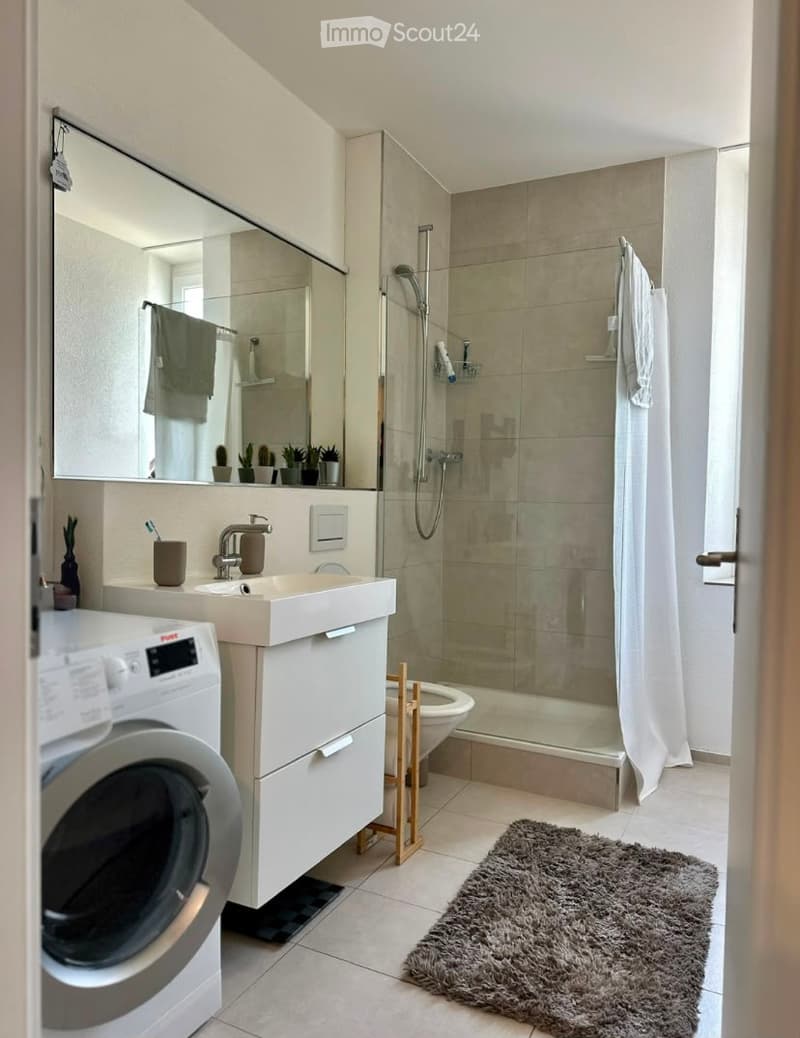 Modern bathroom with a white sink, mirror, shower, washing machine, and a grey rug on the floor.