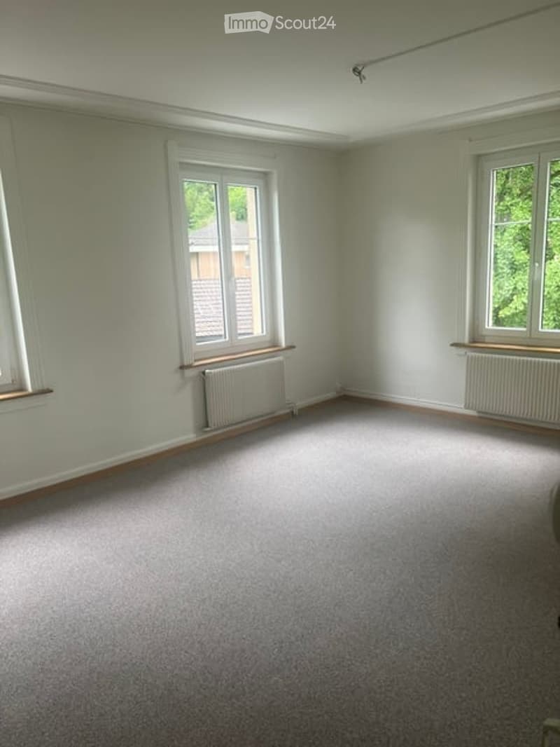 Empty room with light grey walls, carpeted floor, and three windows with white frames. Radiators are visible beneath the windows.