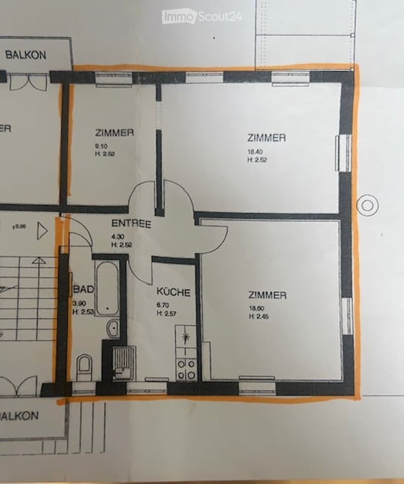Floor plan of a 3-room apartment with a kitchen, bathroom, and balcony.
