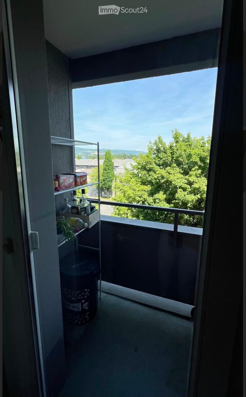 Balcony with a metal shelf holding various items, a trash bin, and a view of trees and houses.