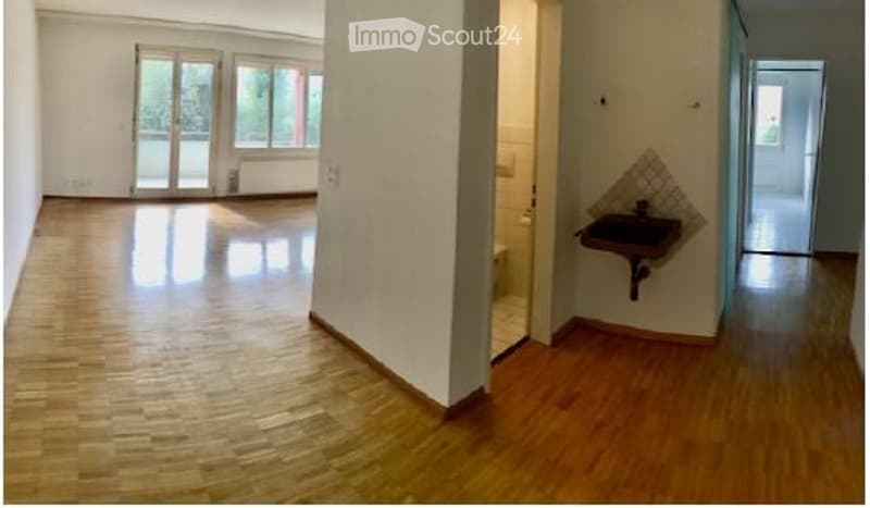 Empty room with wooden flooring, large windows, and a small sink in the corner.