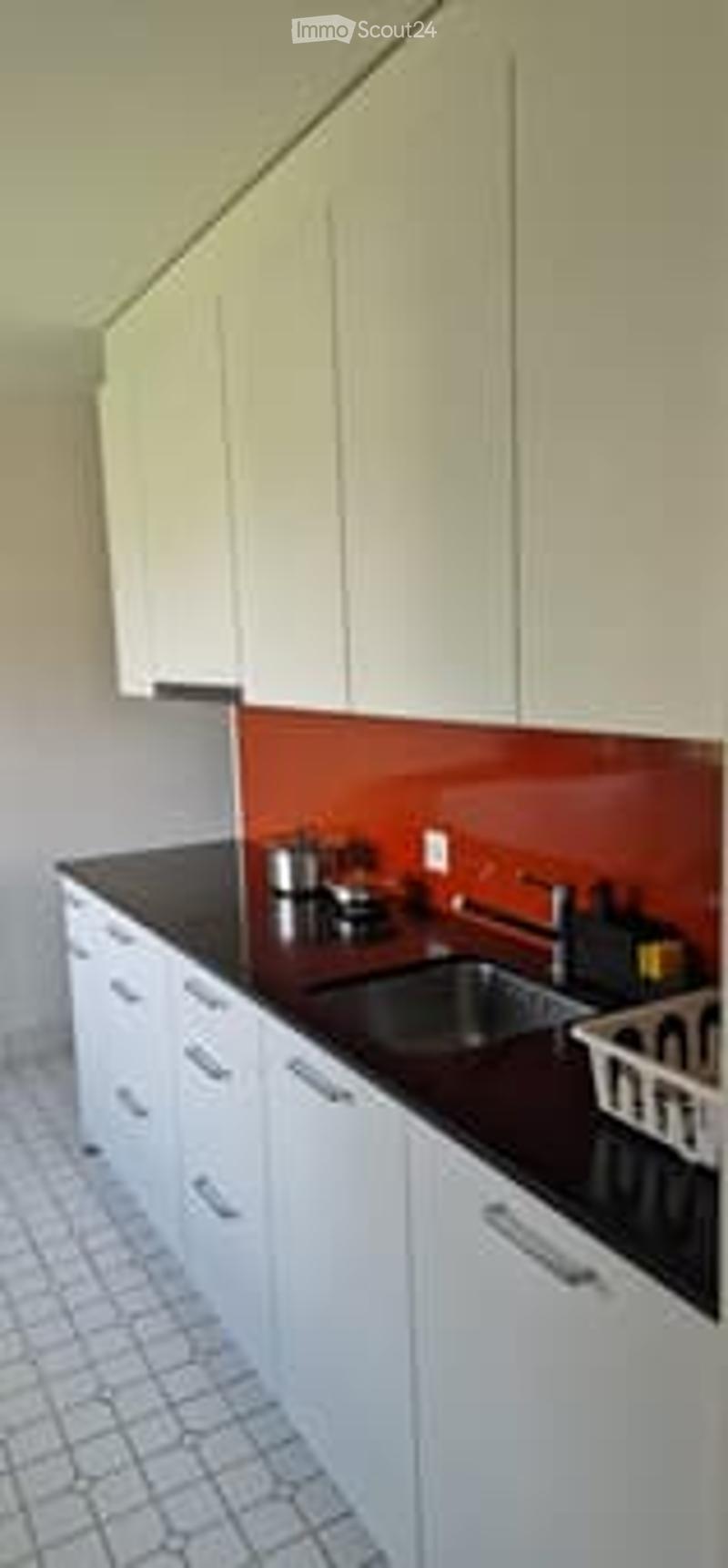 Modern kitchen with white cabinets, black countertops, and a red backsplash. Features a sink, faucet, dish rack, and various small items on the counter.