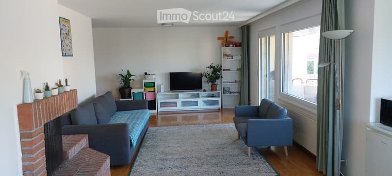 Modern living room with a brick fireplace, grey sofa, armchair, coffee table, TV, bookshelf, and plants.
