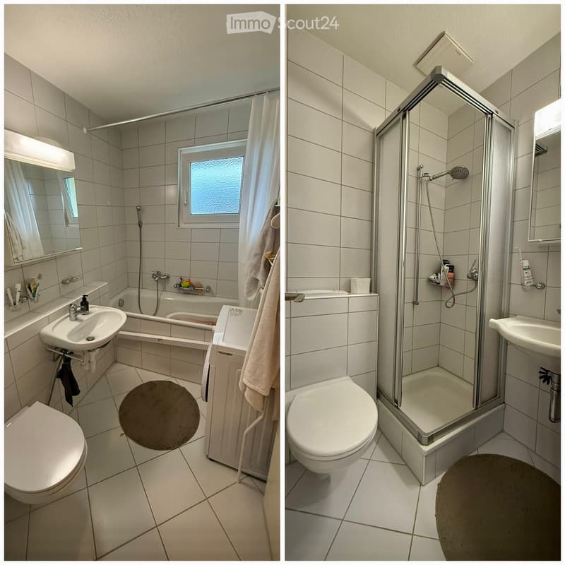 Two bathrooms with white tiled walls and floors. The left bathroom features a toilet, sink, bathtub, and a window with a frosted glass pane. The right bathroom includes a toilet, sink, shower stall, and a small shelf with toiletries.